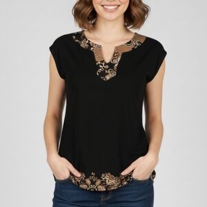 🟣 XXS/XS Le Chateau Black and Tan Blouse Patterned Neckline and Hem